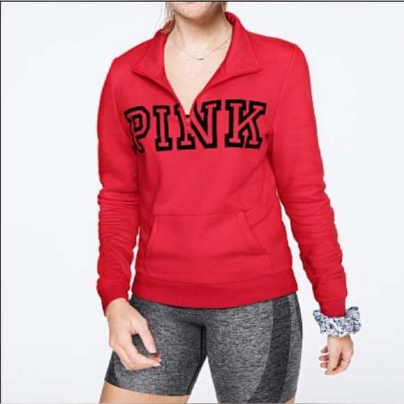 PINK VS Quarter Zip Up Sweatshirt Red Pepper 🌶️ & Black Block Logo - Picture 5 of 8